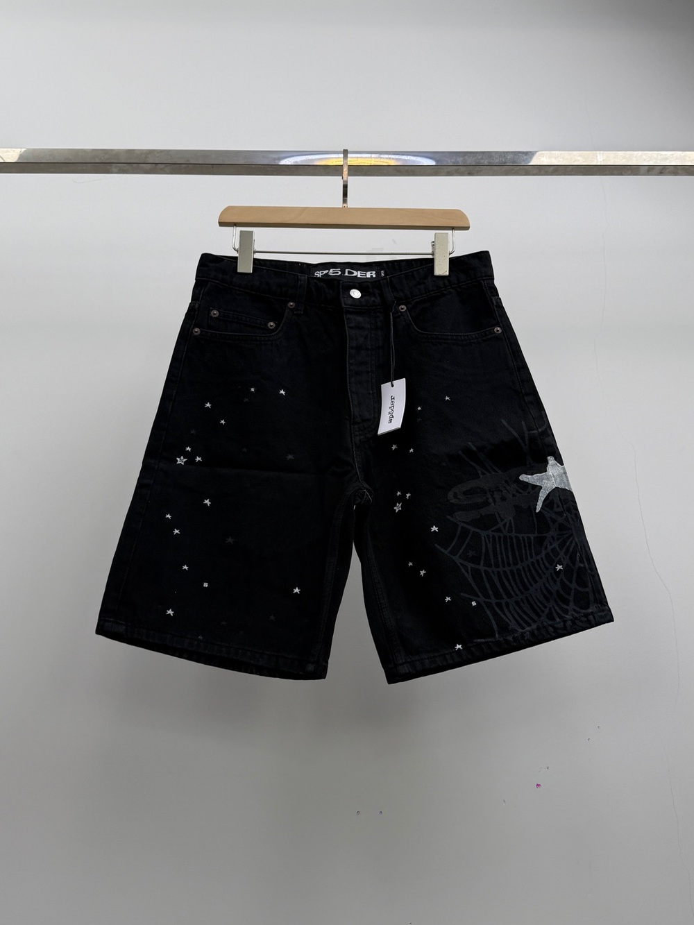 Black Graphic Jean Shorts with Star & Web Detail